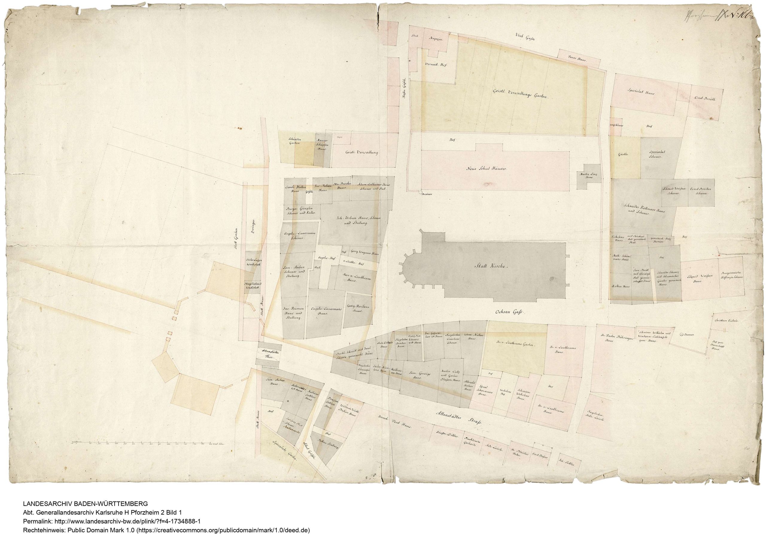 Historischer Situationsplan von Pforzheim mit Stadtmauer, Graben und Toren