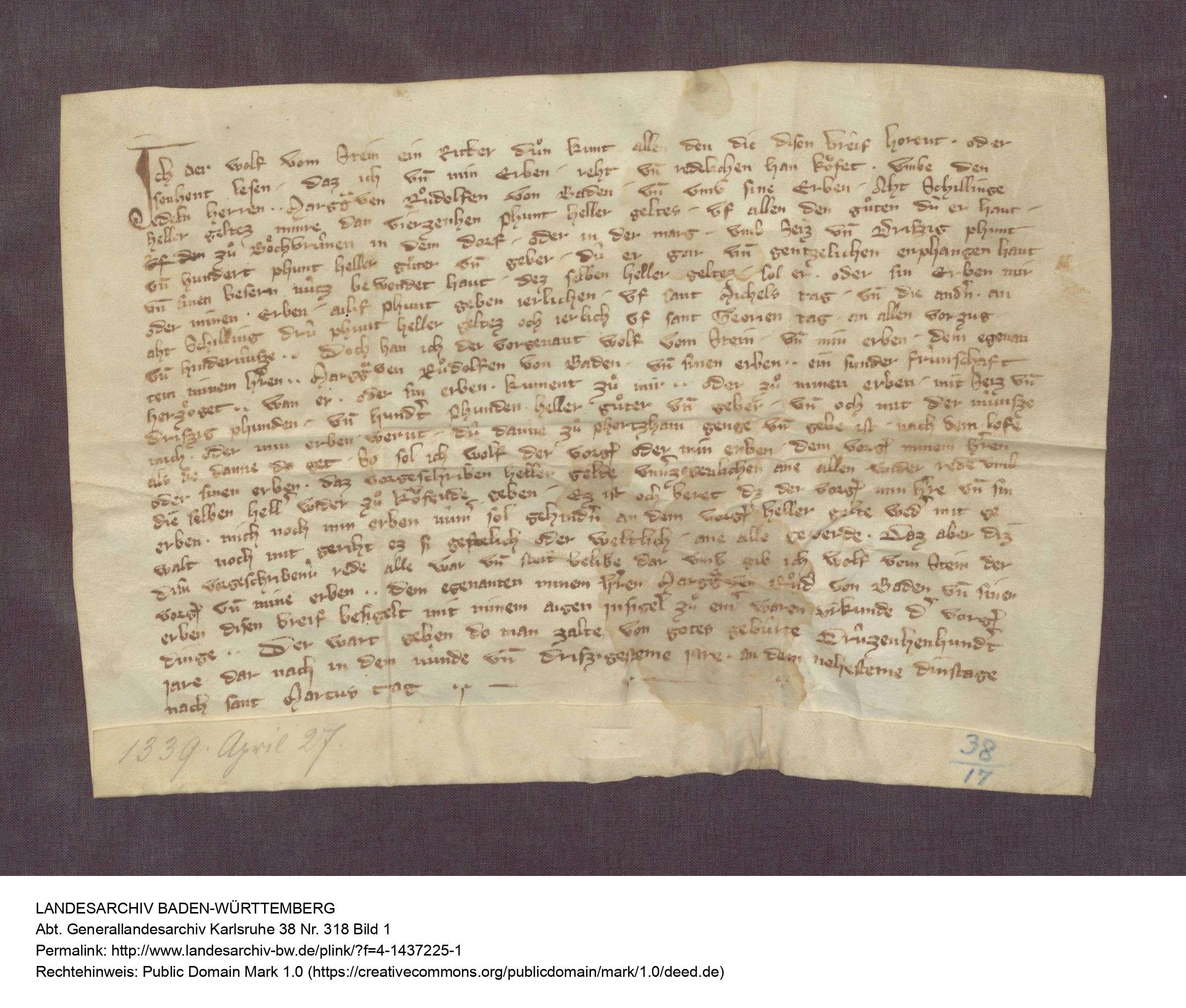 Urkunde von 1339 zu Ritter Wolf von Stein und Markgraf Rudolf IV.